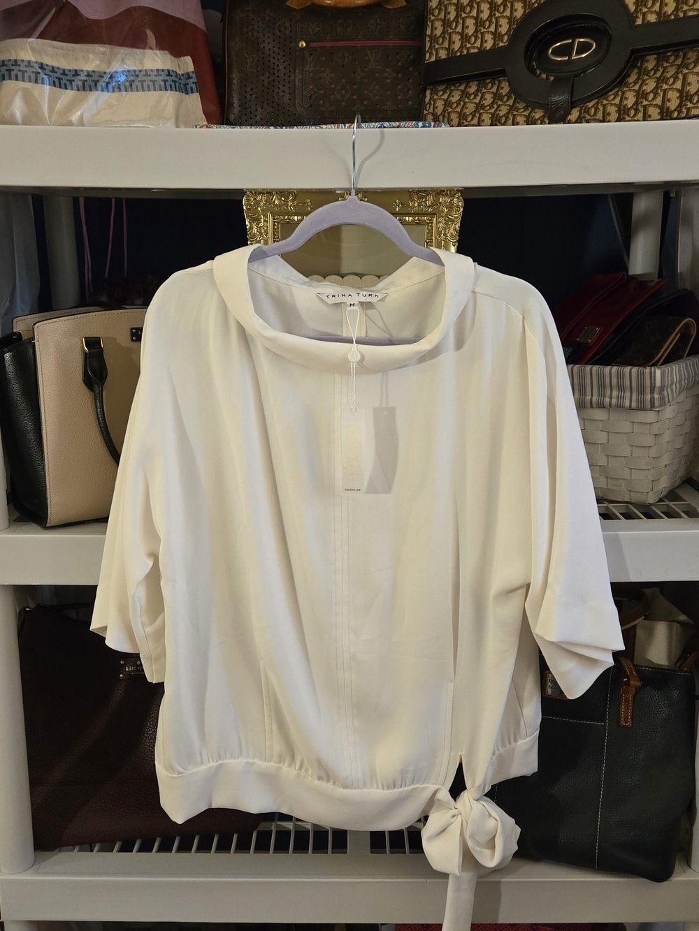 Trina Turk Cream Cowl-Neck Tie-Hem Blouse